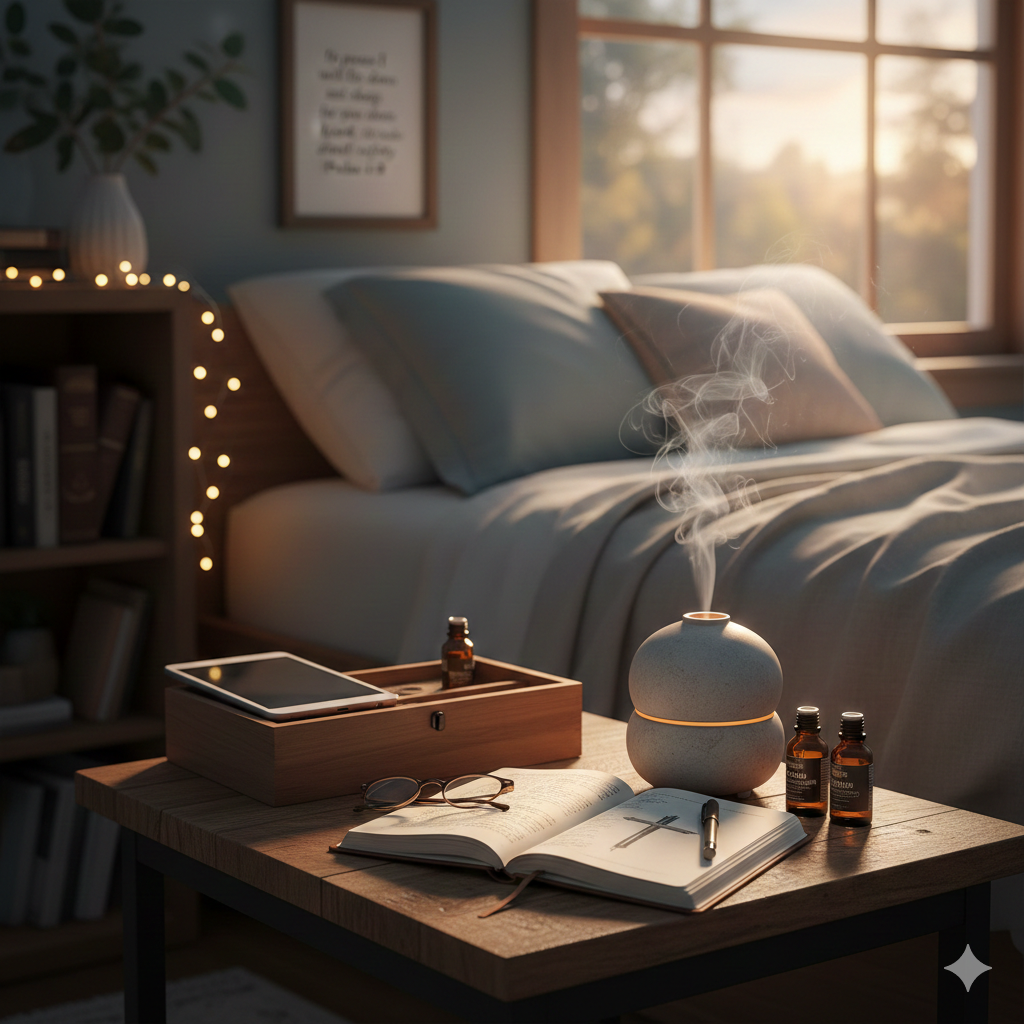 Biblical sleep hygiene routine showing a bible, journal, and peaceful bedroom sanctuary.